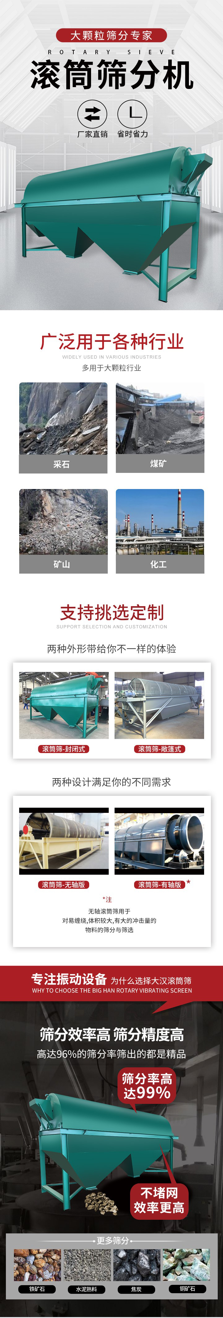 滾筒篩分機大顆粒篩分專家：廠家直銷，省時省力。滾筒篩被廣泛應用各種行業(yè)：多用于大顆粒行業(yè)例如：采石，煤礦，礦山，化工等。滾筒篩定制類型有哪些：封閉式與敞篷式產品結構分為：無軸式，有軸式兩種，無軸滾筒篩用于對纏繞，體積較大，有大的沖擊量的物料的篩分與篩選。滾筒篩篩分效率高篩分精度能夠達到：96%也比較適用于鐵礦石，水泥熟料，焦炭，銅礦石。滾筒篩特點：不飛粉末：密封隔離罩，密封性好，工作過程不會出現(xiàn)飛粉現(xiàn)象。外型尺寸是按筒體長計