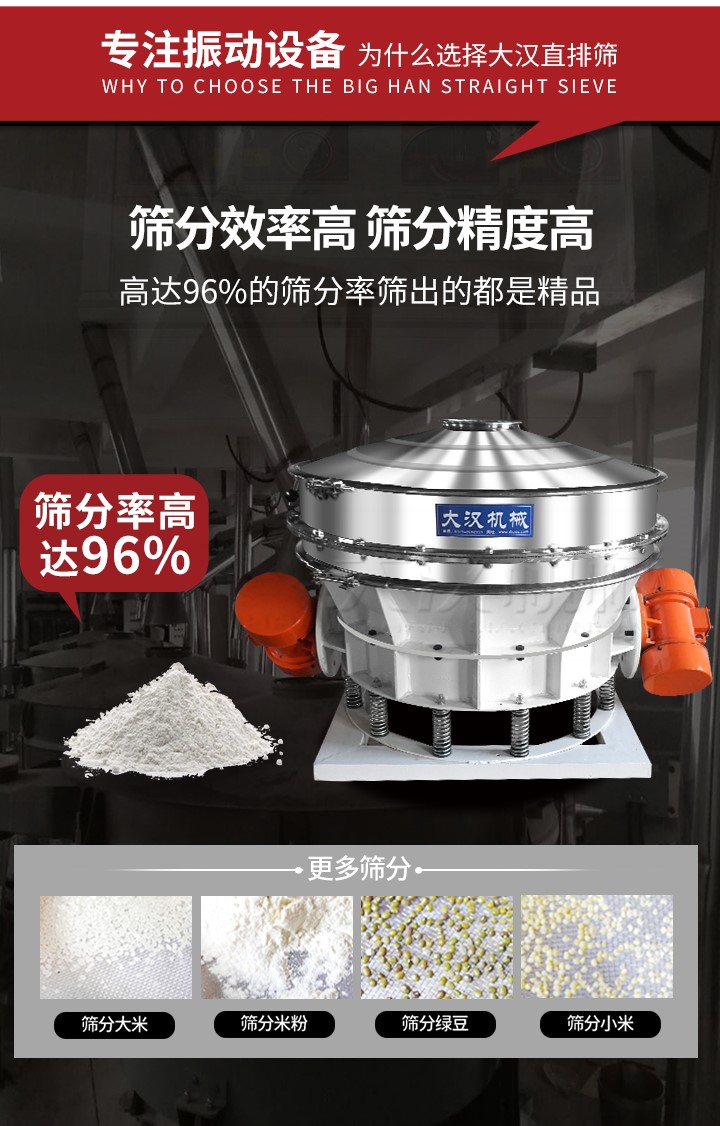 直排篩適用物料有面粉，淀粉，洗衣粉，金屬粉，添加劑，化工，非礦等行業(yè)。