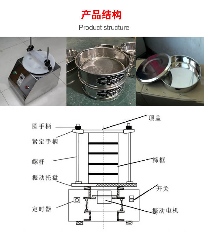 實(shí)驗(yàn)室振動(dòng)篩-試驗(yàn)篩結(jié)構(gòu)主要由：圓手柄，緊定手柄，螺桿，振動(dòng)托盤(pán)，篩框，頂蓋等。